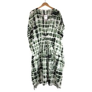 Bon Voyage Long‎ Kaftan Dress Green Black Tie Dye Drawstring Waist One Size NWT